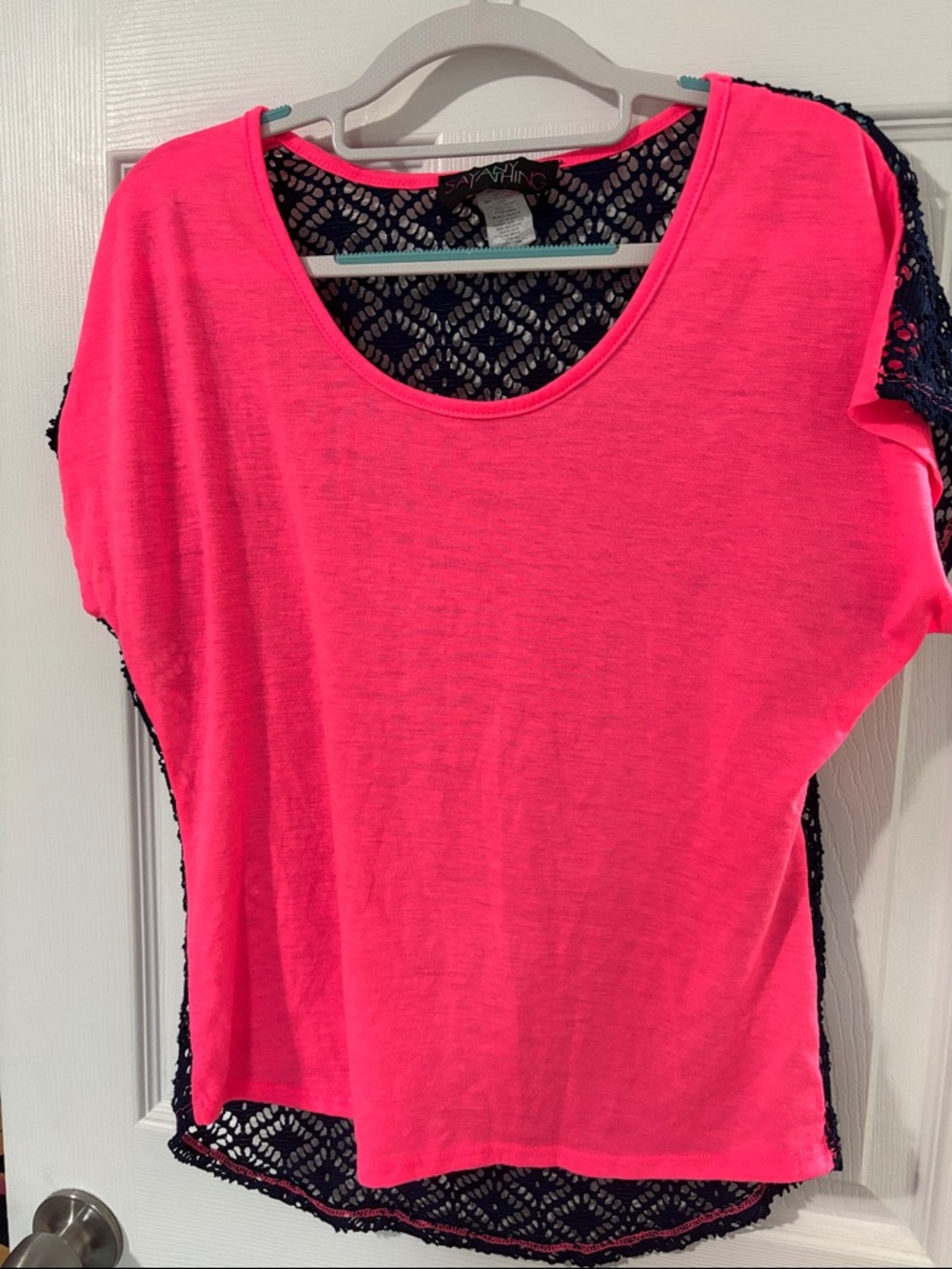 Say Anything? Neon Pink Short Sleeve Top with Navy Crochet Back